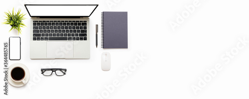 Flat lay of White office desk table