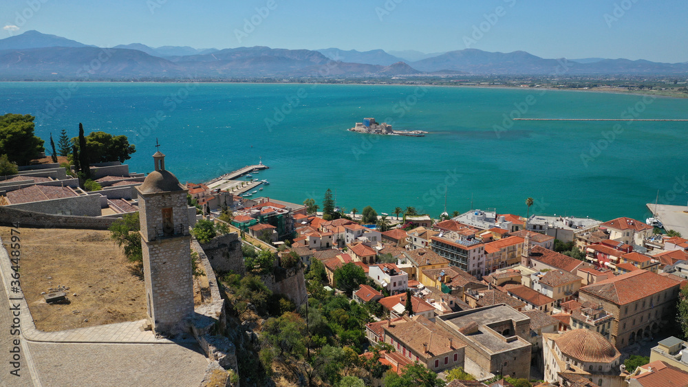 Aerial drone photo of picturesque and historic old town of Nafplio in the slopes of Palamidi fortress and Acronafplia, Argolida, Peloponnese, Greece
