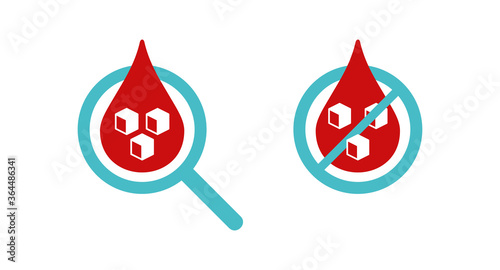 Diabet icon - sugar cubes inside blood drop - glucose level sign in two variations - crossed and inside magnifying glass (loupe) - isolated vector medical antidiabetic symbol