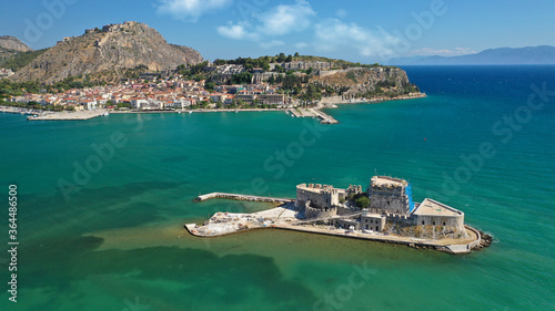 Aerial drone photo of picturesque and historic old town of Nafplio in the slopes of Palamidi fortress and Acronafplia, Argolida, Peloponnese, Greece photo