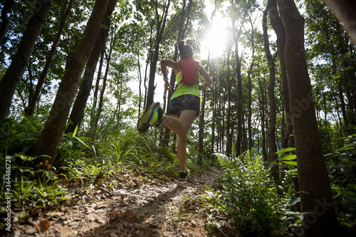 Young woman trail runner running in tropical forest