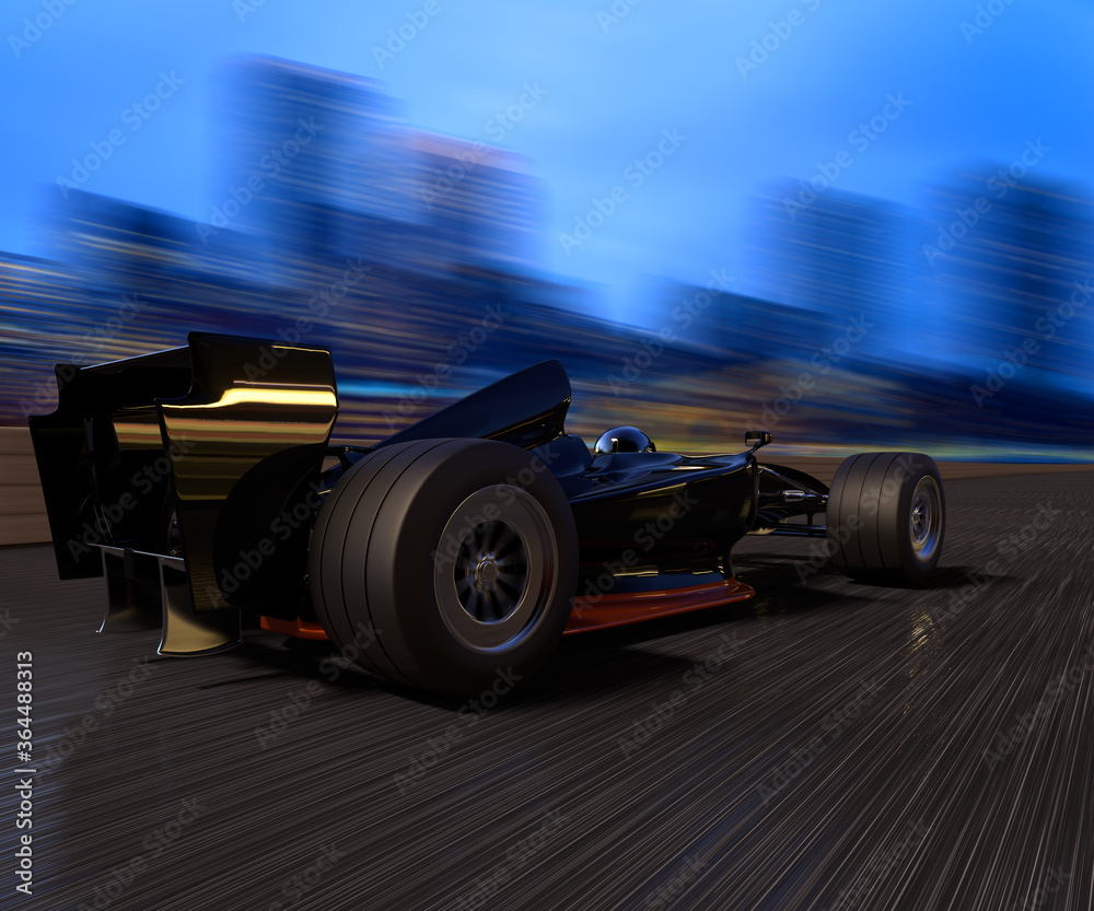 A race car speeding in a track with a city background