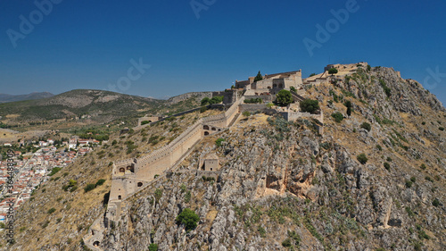 Aerial drone photo of picturesque and historic old town of Nafplio in the slopes of Palamidi fortress and Acronafplia, Argolida, Peloponnese, Greece