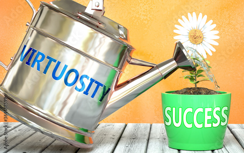 Virtuosity helps achieving success - pictured as word Virtuosity on a watering can to symbolize that Virtuosity makes success grow and it is essential for profit in life and business, 3d illustration photo