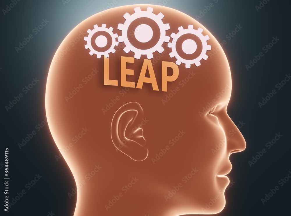 Leap inside human mind - pictured as word Leap inside a head with cogwheels to symbolize that Leap is what people may think about and that it affects their behavior, 3d illustration