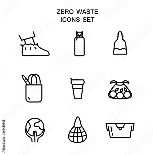Set of zero waste line vector icons with color fill. Ecology icons. Reusable items: shoe covers, metal bootle for water, menstrual cup, bag, thermo mug, sack for vegetables, earth in hands, string bag