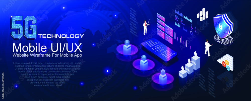 Protection system of digital devices. Secure login and protection of personal data. 5G technology. Protect your device from malicious attacks and hacking. Futuristic banner in axonometric projection