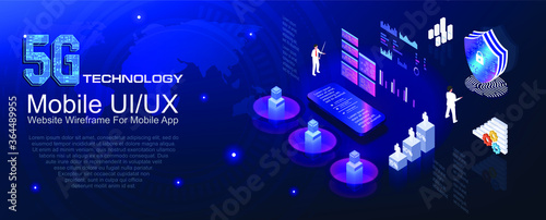 Protection system of digital devices. Secure login and protection of personal data. 5G technology. Protect your device from malicious attacks and hacking. Futuristic banner in axonometric projection