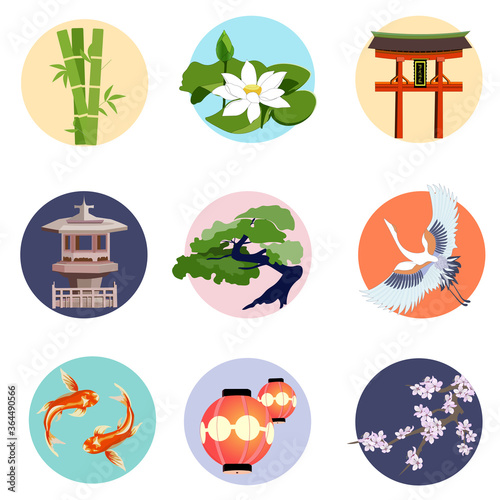 Japanese round icons set. Illustration in a flat style, circles with bamboo, lotus, tsuru, bonsai, torii and koi carps.