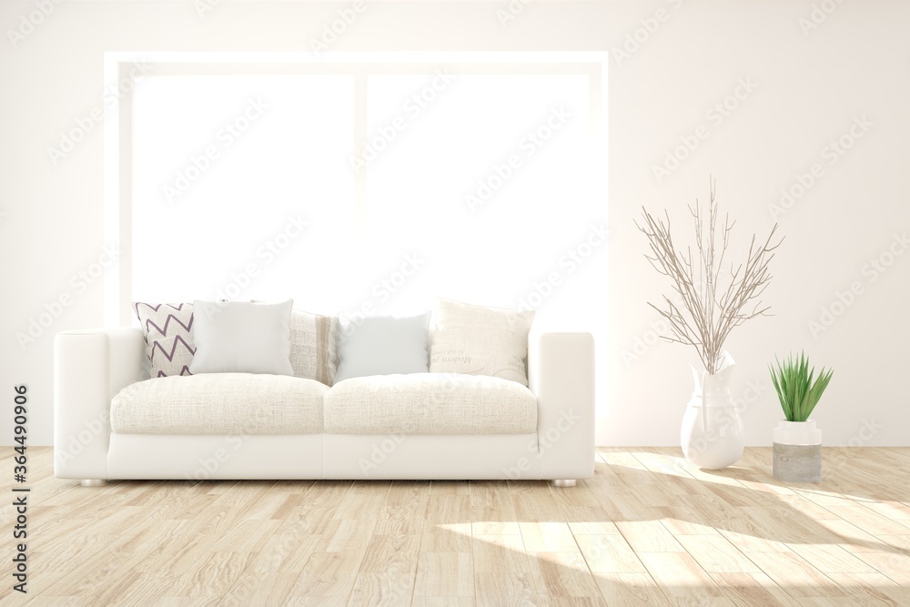 White stylish minimalist room with sofa. Scandinavian interior design. 3D illustration White stylish minimalist room with sofa. Scandinavian interior design. 3D illustration