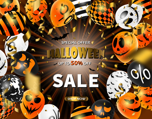Halloween Sale Promotion Poster with Halloween confetti and Halloween Ghost Balloons. Great for voucher, offer, coupon, holiday sale. Website spooky or banner template