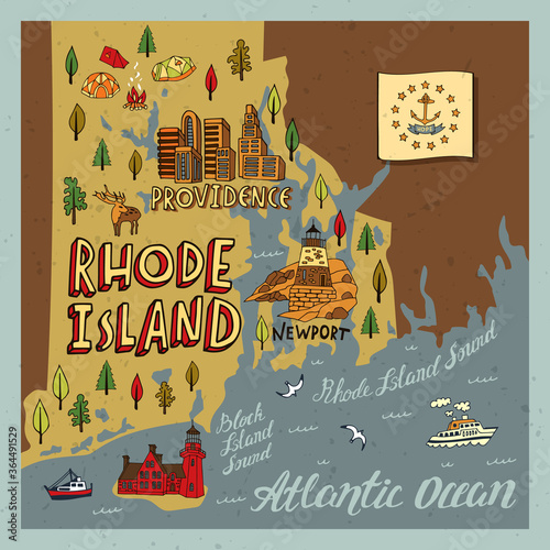 Illustrated map of  Rhode Island state, USA. Travel and attractions. Souvenir print