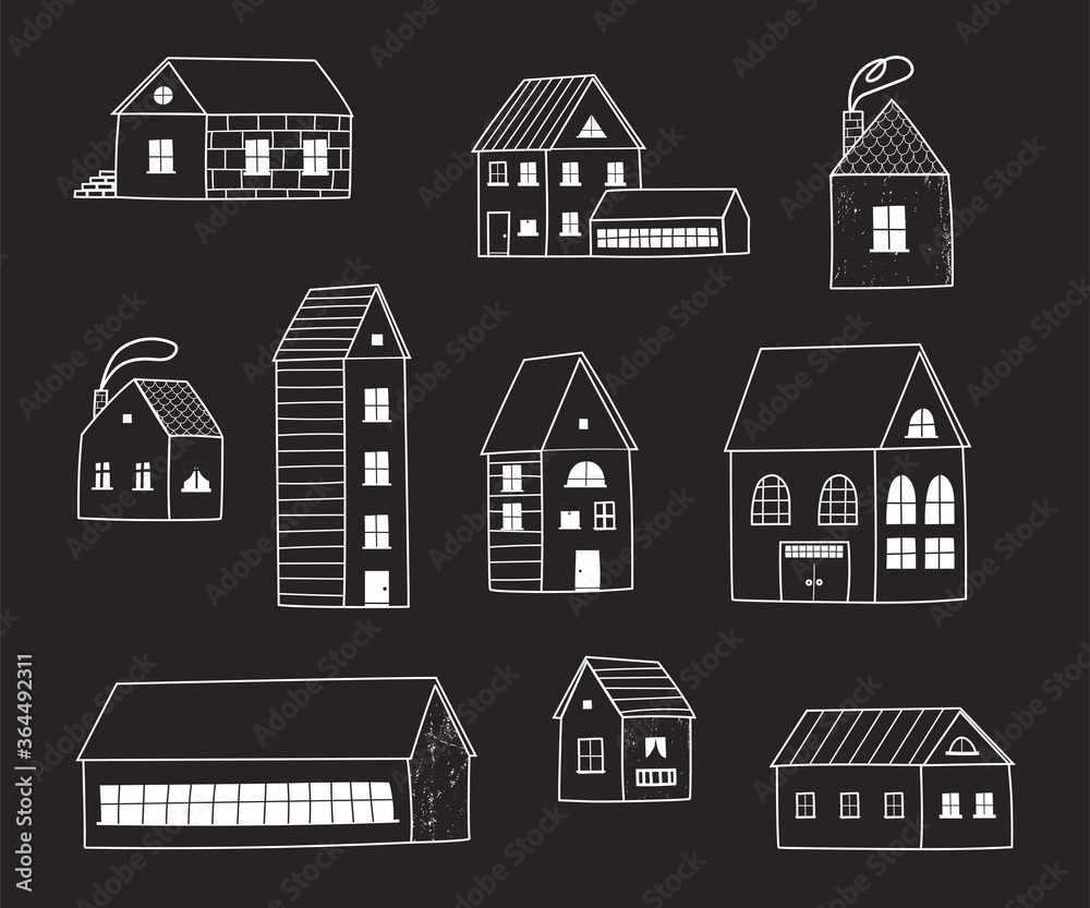 A large set of different houses , buildings, a barn, a school building. White Silhouettes of houses on a black background. Flat vector illustration of houses, logo, stickers, printing
