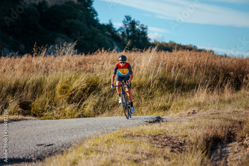 Professional biker cycling between wheat fields