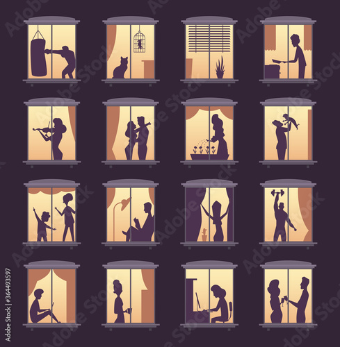 People window silhouettes. Lighting in night house tower apartment buildings vector person silhouettes. Neighborhood window, night time apartment illustration