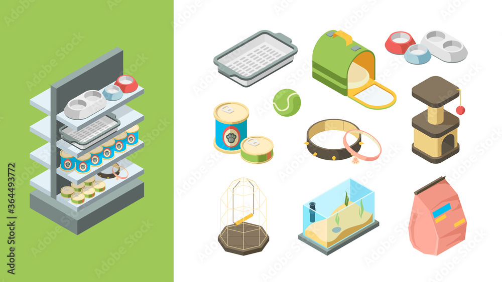 Pets shop. Products for animals balls toys food dogs cats fishes items  vector isometric collection. Accessory for pet, nutrition and product,  equipment and shampoo illustration Stock Vector | Adobe Stock