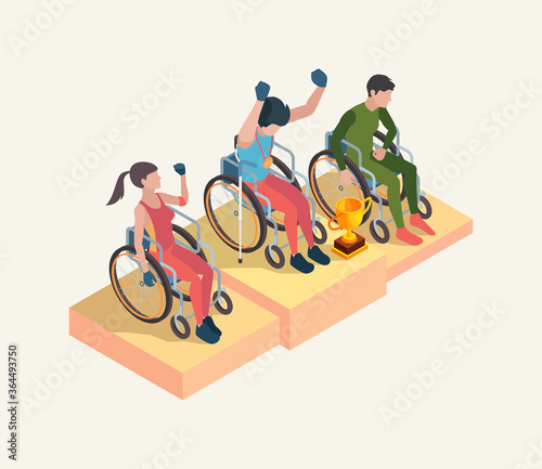 Paralympic people celebration. Olympic games winners with cup prize sport people vector disabled isometric persons. Competition champion handicapped, reward ceremony illustration