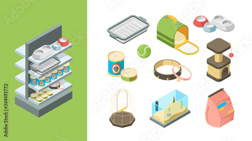 Pets shop. Products for animals balls toys food dogs cats fishes items vector isometric collection. Accessory for pet, nutrition and product, equipment and shampoo illustration