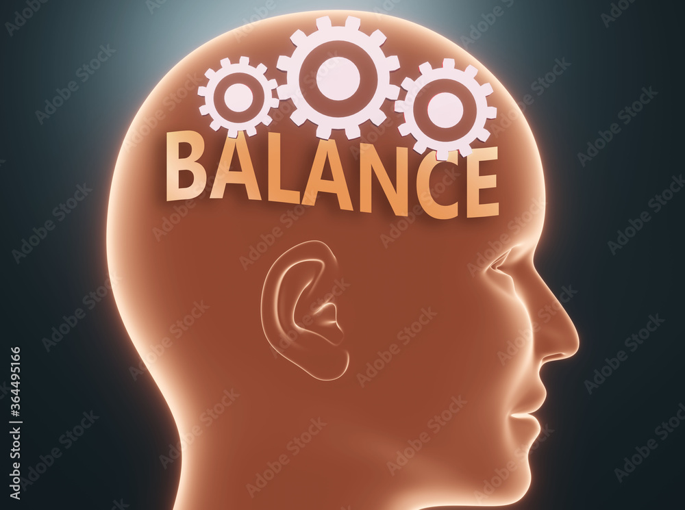 Balance inside human mind - pictured as word Balance inside a head with cogwheels to symbolize that Balance is what people may think about and that it affects their behavior, 3d illustration