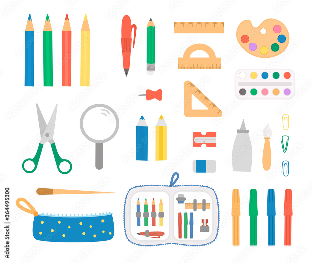 Set with pen and pencil icons. Vector colored stationery, writing materials, office, school or art supplies isolated on white background. Cartoon style scissors, pencil case, rulers.
