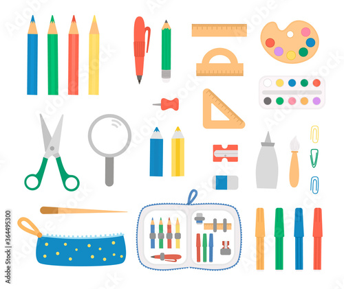 Set with pen and pencil icons. Vector colored stationery, writing materials, office, school or art supplies isolated on white background. Cartoon style scissors, pencil case, rulers.