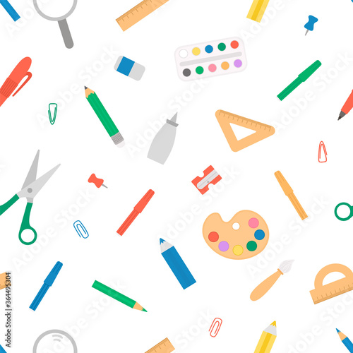 Vector seamless pattern with stationery and school, arts or office supplies. Educational digital paper. Cute flat style repeating background with pencil, pen, ruler, scissors, paints..