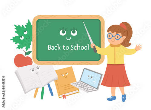 Vector back to school composition with cute teacher, chalkboard, book, apple, leaf. Funny educational design for banners, posters, invitations. Card template with kawaii stationery.