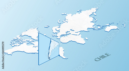 World Map in isometric style with detailed map of Chile. Light blue Chile map with abstract World Map.