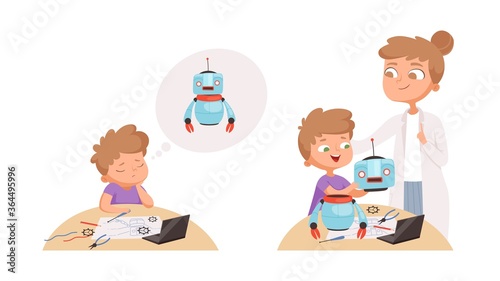 Boy need help. Little guy sad, child studying robotics. Teacher and student vector illustration. Education children engineering, robot programming innovation
