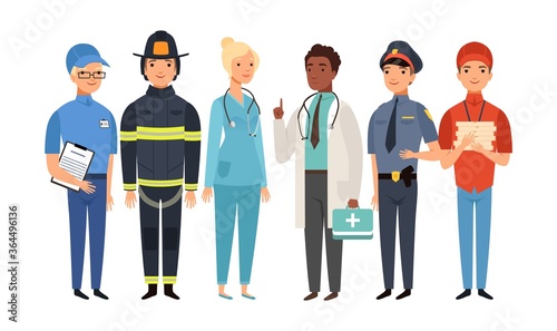 Essential workers. Isolated frontliners group, people working on virus pandemic. Doctor policeman fireman postman delivery boy vector set. People illustration in uniform, healthcare employment safety