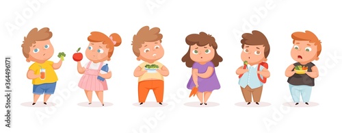 Fatty children on diet. Overweight kids eating vegetables and fruits. Isolated unhappy teens vector illustration. Eating vegetable and fruit