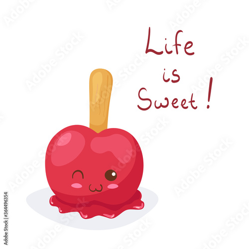 Kawaii vector illustration of homemade Red Apple in Caramel on stick isolated on white background. Cute funny & happy character with lettering. Cartoon style smiling food mascot for kids autumn menu.