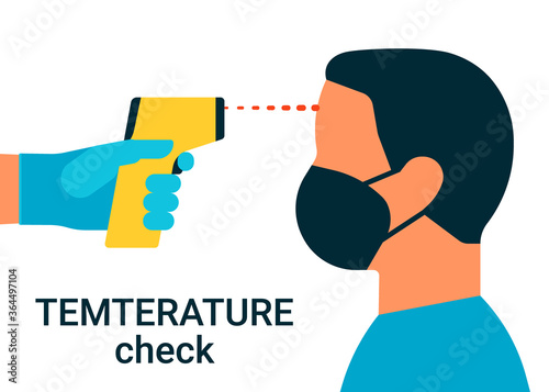 Check control body temperature. Hand with gloves holding distant thermometer. Man with protective respiratory mask on face. Coronavirus prevention. Vector flat