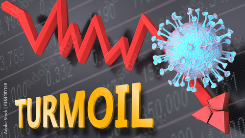 Photos Covid virus and turmoil, symbolized by a price stock graph falling down, the vir