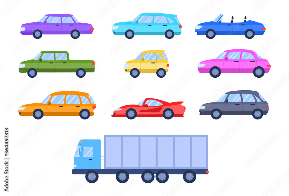 Cartoon Color Different Cars Side View Icons Set. Vector