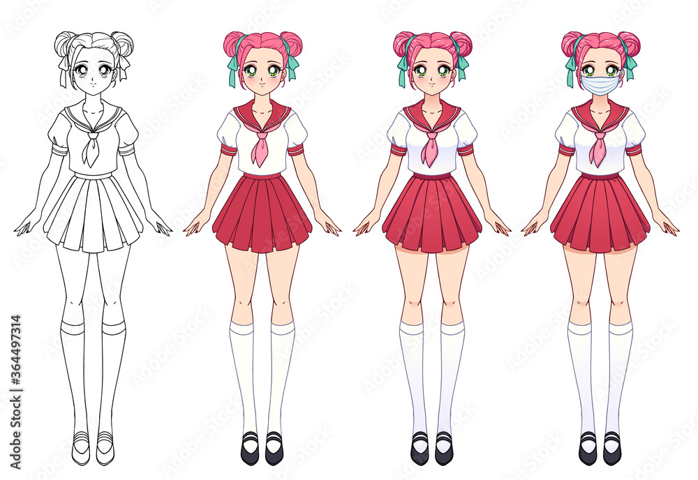 Set of four anime girls. Cute girls with big eyes and wearing japanese school  uniform and medical mask. Stock Vector | Adobe Stock