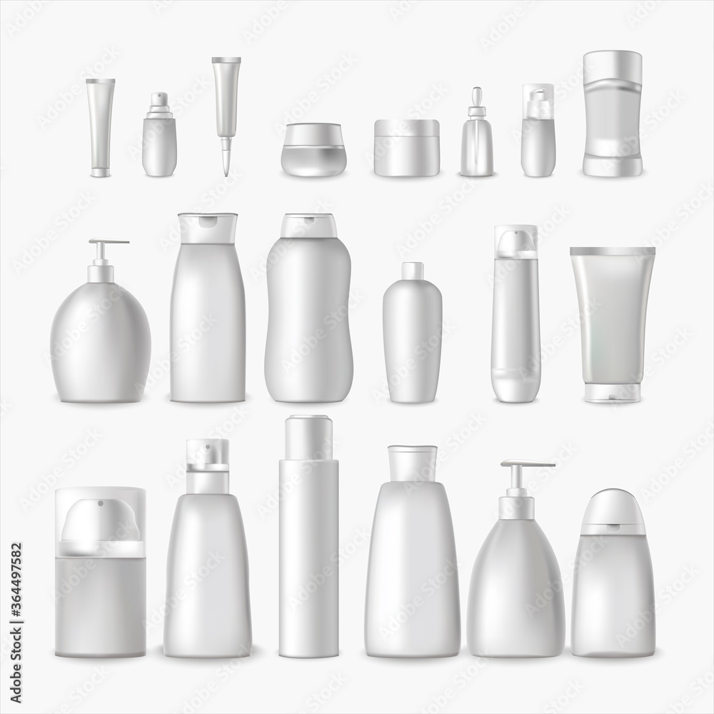 Realistic Detailed 3d White Blank Cosmetic Bottle Template Mockup Set. Vector Realistic Detailed 3d White Blank Cosmetic Bottle Template Mockup Set. Vector