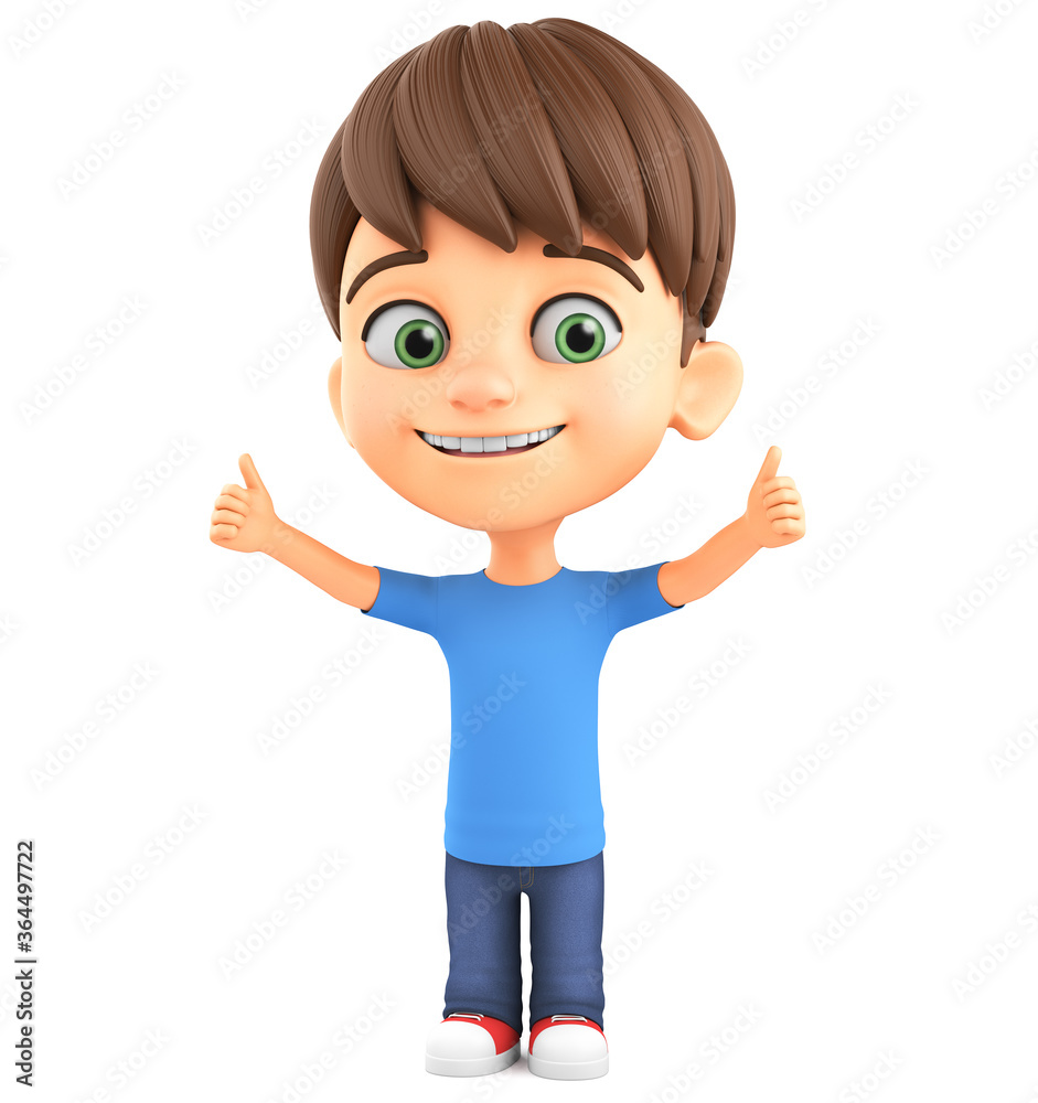 Cartoon character of a little boy shows two thumbs up on a white background. 3d render. Cartoon character of a little boy shows two thumbs up on a white background. 3d render.