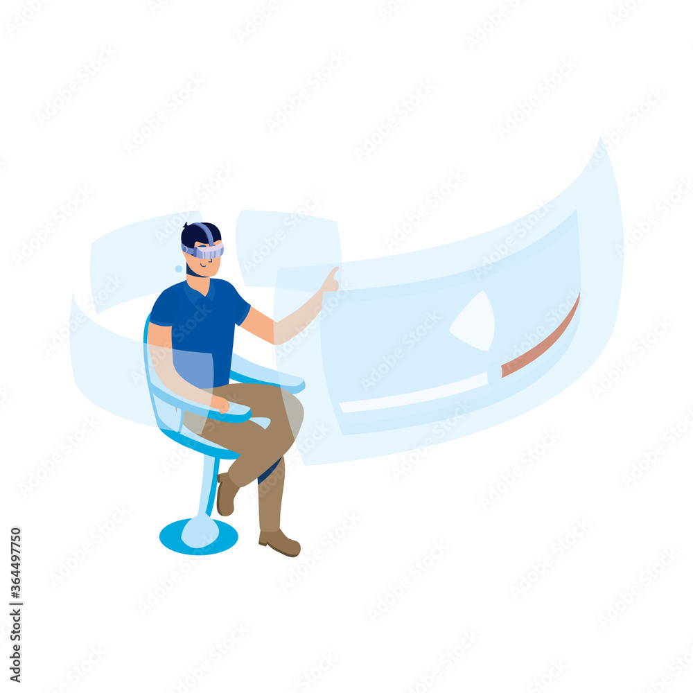 young man using reality virtual tech in chair with interactive display young man using reality virtual tech in chair with interactive display