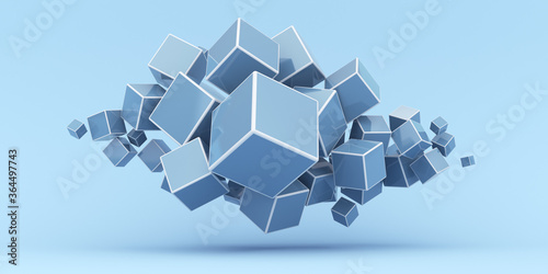 Cubes of different sizes fly on a blue background. 3d render illustration. Illustration for advertising.