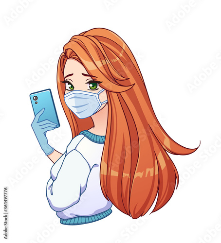 Pretty cartoon girl with long red hair taking selfie