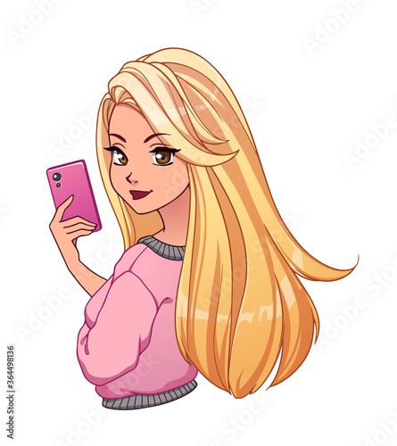 Pretty cartoon girl with tan skin and long blonde hair taking selfie and wearing pink shirt.