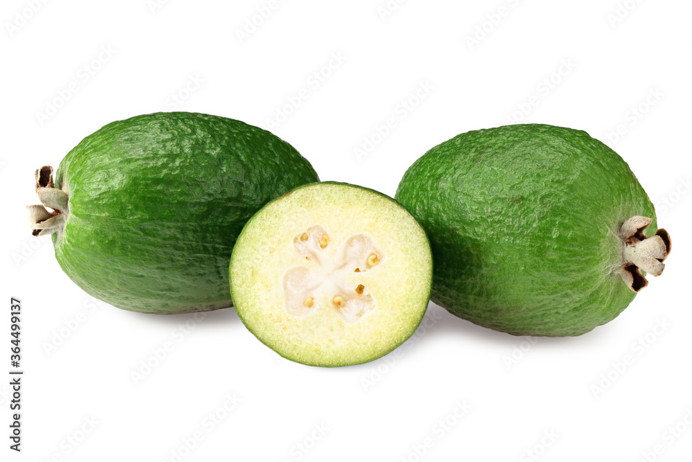 Tropical fruit feijoa with slices isolated on white background. Acca sellowiana Tropical fruit feijoa with slices isolated on white background. Acca sellowiana
