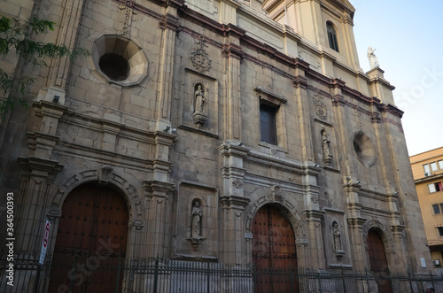 Front view of Santo Domingo Church (Iglesia de Santo Domingo) catholic church in historical center of Santiago de Chile. Dominican church with two bells towers. Low angle view. Santiago, Chile.