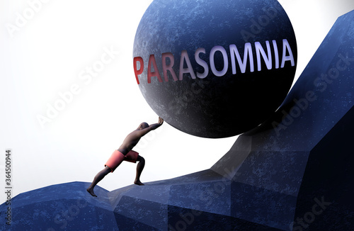 Parasomnia as a problem that makes life harder - symbolized by a person pushing weight with word Parasomnia to show that Parasomnia can be a burden that is hard to carry, 3d illustration photo