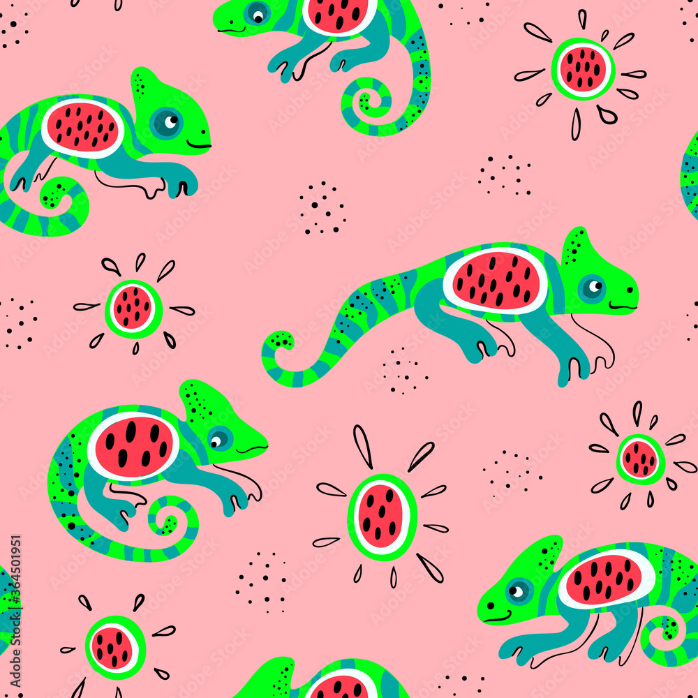 Chameleon and watermelon vector seamless pattern Chameleon and watermelon vector seamless pattern