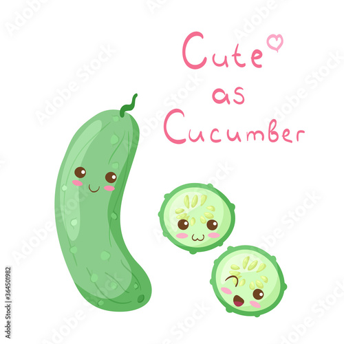 Kawaii vector illustration of green cucumber with sliced pieces isolated on white background. Cute funny & happy characters with lettering. Cartoon style smiling food mascot for kids menu decoration.