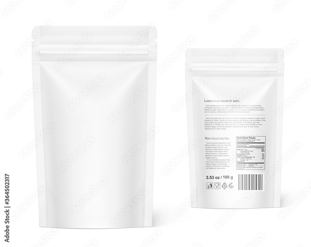 Pouch bags mockup with product information isolated on white background. Vector illustration. Front and back view. Can be use for template your design, presentation, promo, ad. EPS10.	