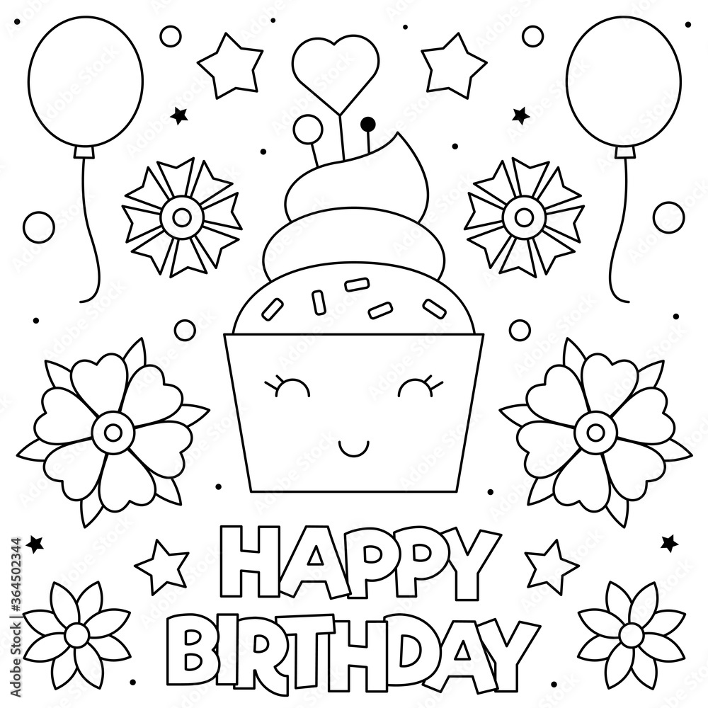 Happy Birthday. Coloring page. Black and white vector illustration