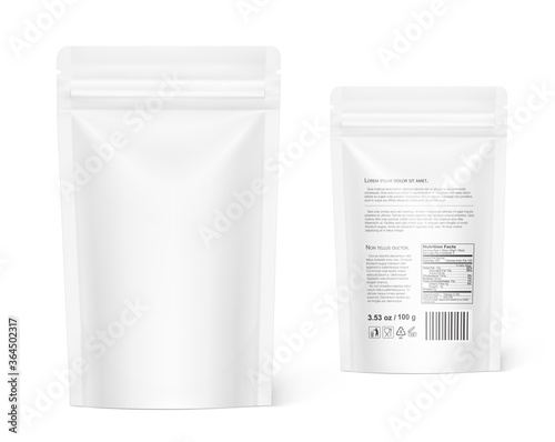 Pouch bags mockup with product information isolated on white background. Vector illustration. Front and back view. Can be use for template your design, presentation, promo, ad. EPS10.	